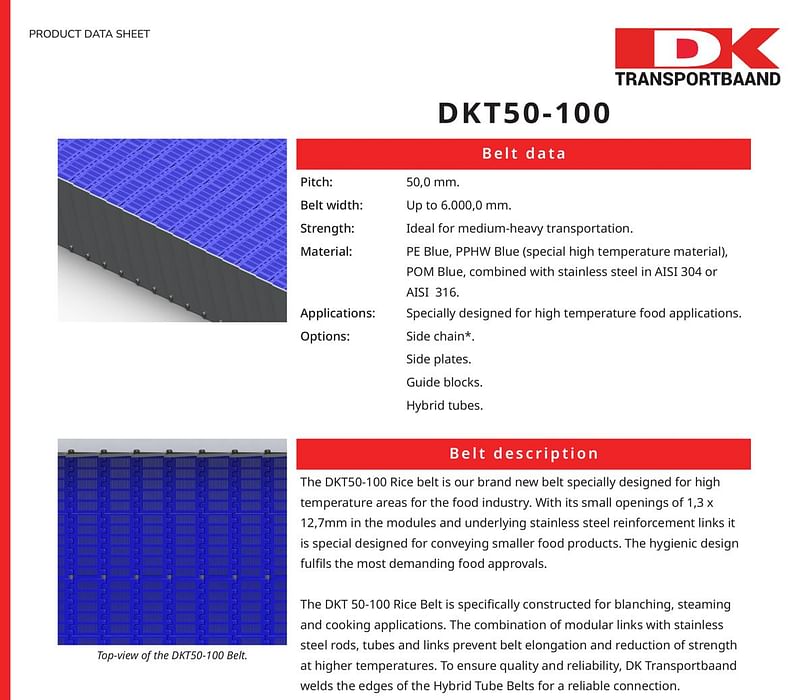 DK Transportbaand DKT50-100 Series – Hybrid Conveyor Belts Data Sheet
