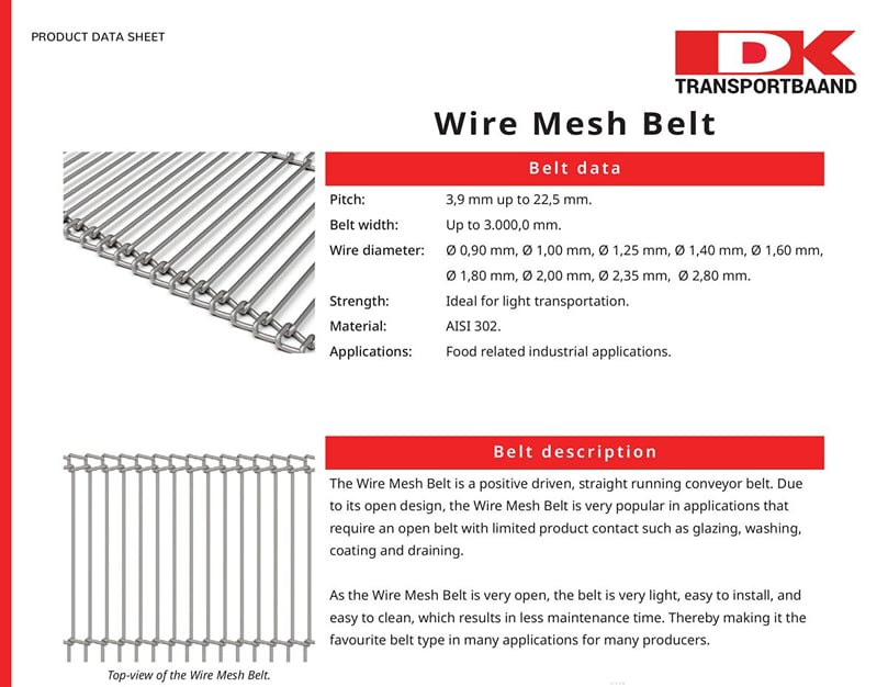  DK Transportbaand - Wire Mesh Metal Conveyor Belt Data Sheet 