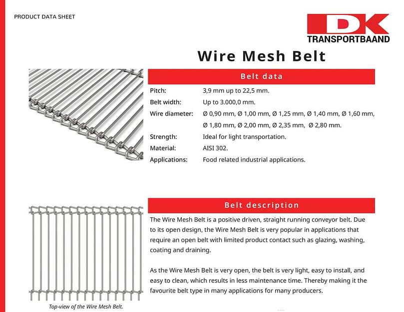  DK Transportbaand - Wire Mesh Metal Conveyor Belt Data Sheet 