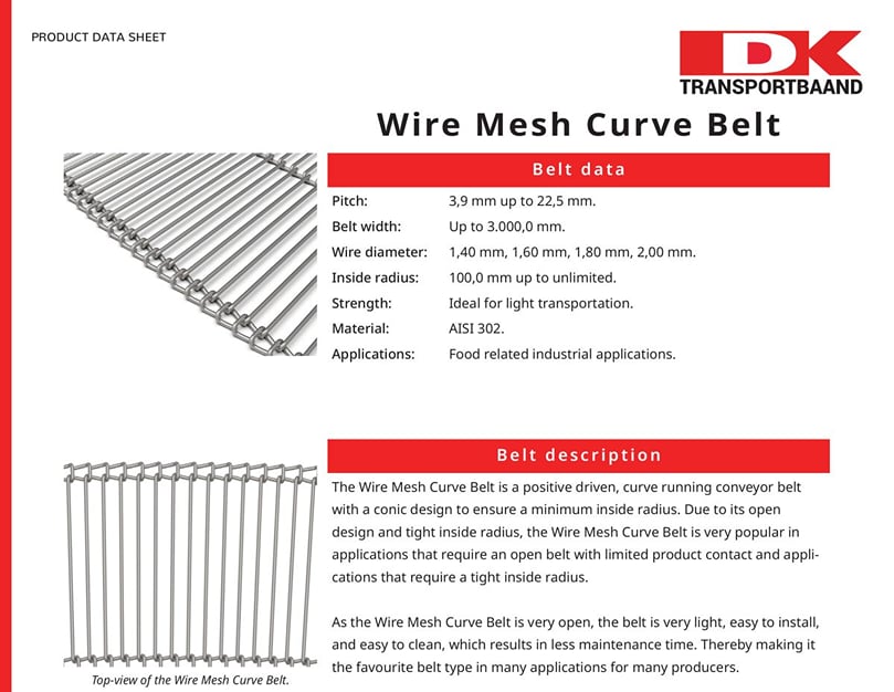  Dk Transportbaaand - Wire Mesh Curve Metal Conveyor Belt Data Sheet 