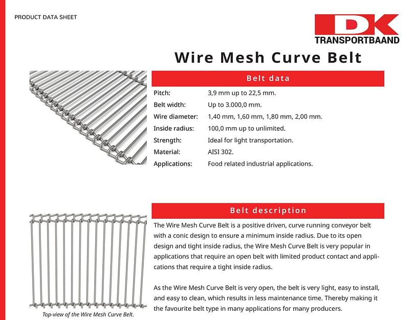  Dk Transportbaaand - Wire Mesh Curve Metal Conveyor Belt Data Sheet 
