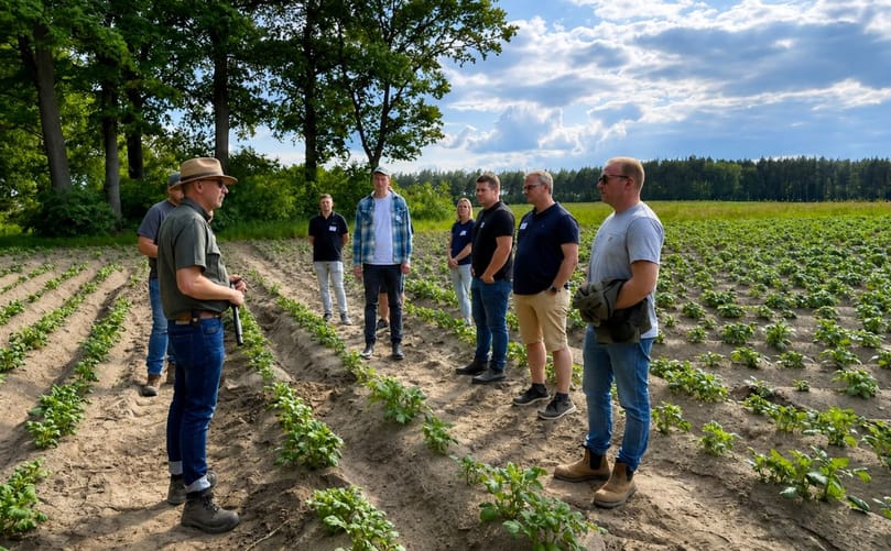 Participants in the DKHV Potato Specialist training program take part in a field demonstration focused on potato crop assessment, plant health and disease identification in Hermannsburg, Germany. Participants in the DKHV Potato Specialist training program take part in a field demonstration focused on potato crop assessment, plant health and disease identification in Hermannsburg, Germany.