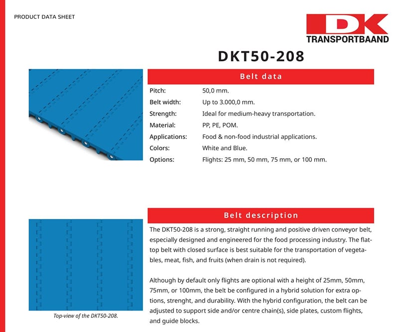 DK Transportbaand - DKT50-208 Series Plastic Conveyor Belts Data Sheet