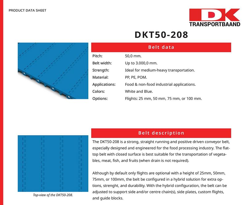 DK Transportbaand - DKT50-208 Series Plastic Conveyor Belts Data Sheet