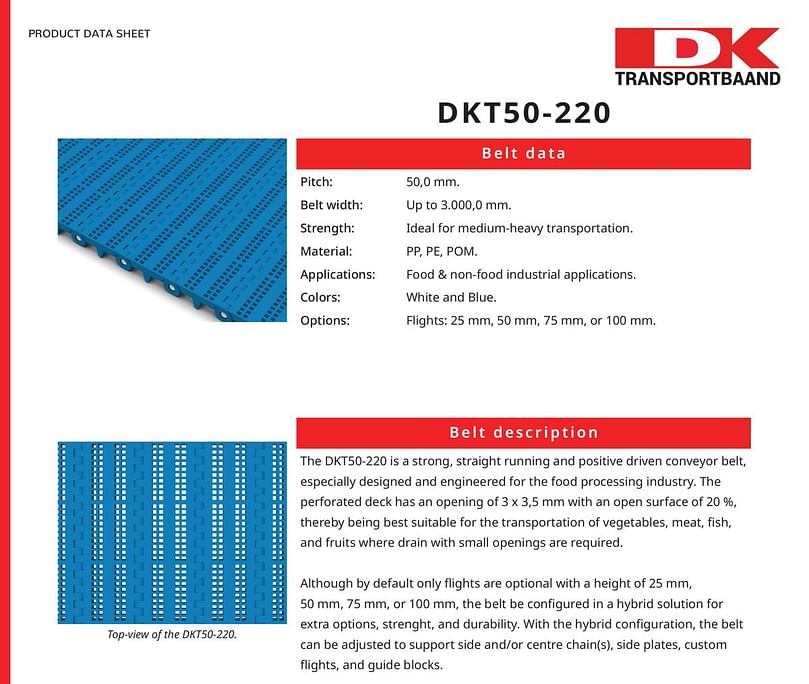 DK Transportbaand - DKT50-220 Series Plastic Conveyor Belts Data Sheet