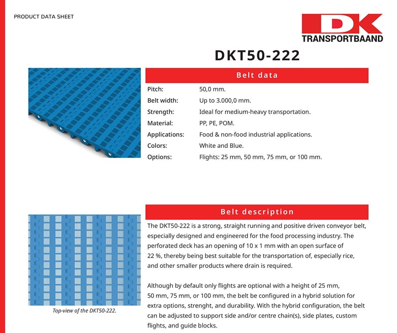 DK Transportbaand - DKT50-222 Series Plastic Conveyor Belts Data Sheet