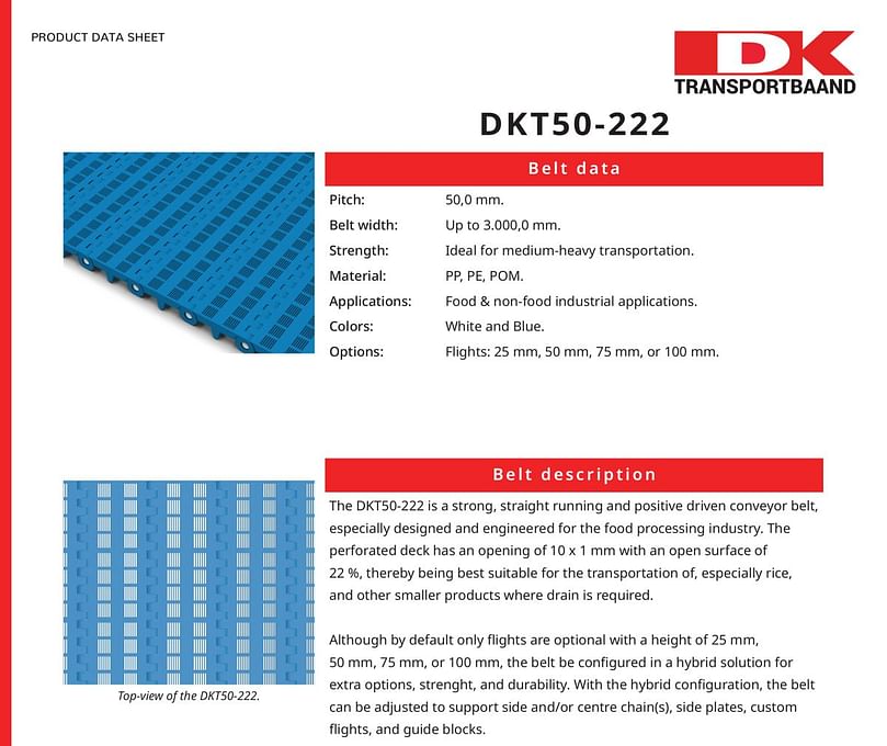 DK Transportbaand - DKT50-222 Series Plastic Conveyor Belts Data Sheet