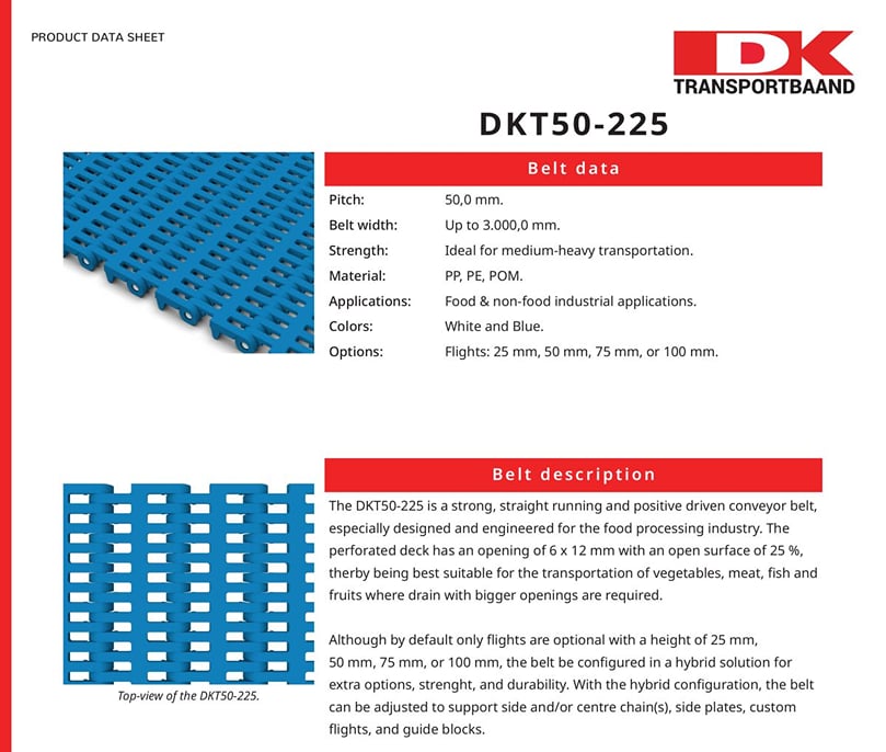 DK Transportbaand - DKT50-225 Series Plastic Conveyor Belts Data Sheet