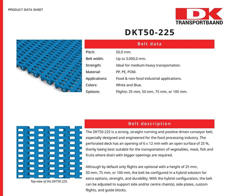 DK Transportbaand - DKT50-225 Series Plastic Conveyor Belts Data Sheet