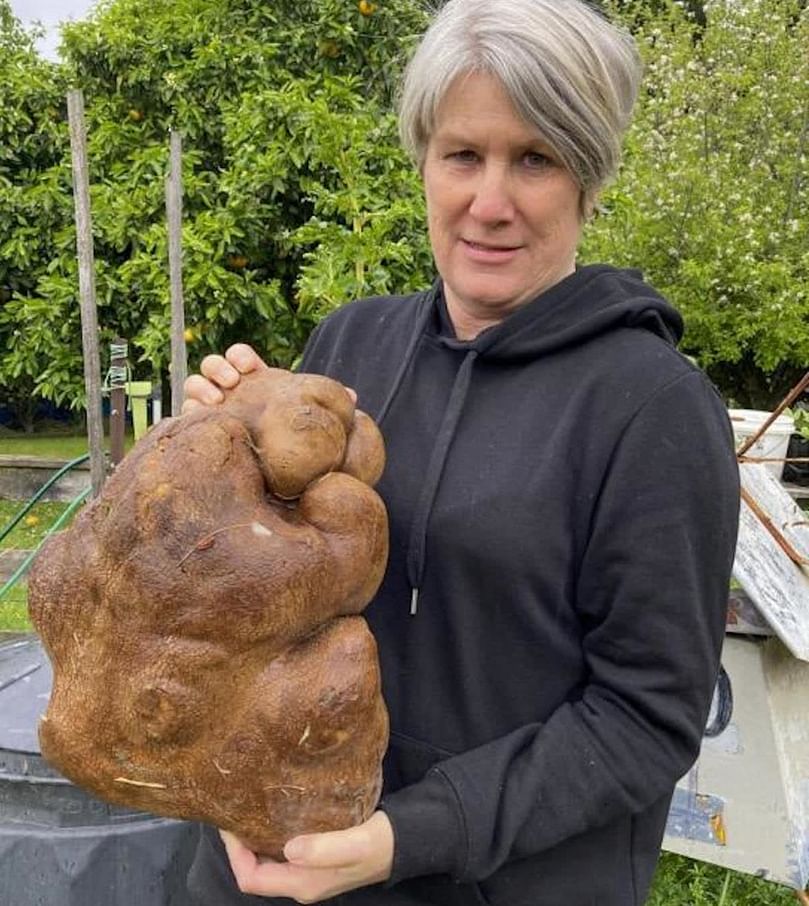Donna holding Doug, her giant potato