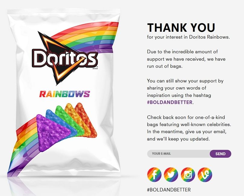 Update: In less than 24 hours Frito-Lay runs out of bags of Doritos Rainbows chips... #BoldandBetter Update: In less than 24 hours Frito-Lay runs out of bags of Doritos Rainbows chips... #BoldandBetter