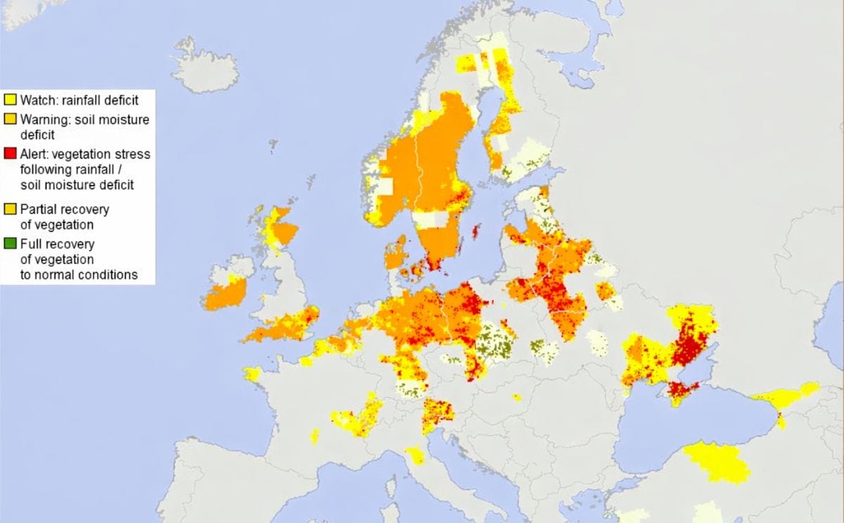 Situation of Combined Drought Indicator in Europe - 1st ten-day period of July 2018 (Courtesy: European Drought Observatory)