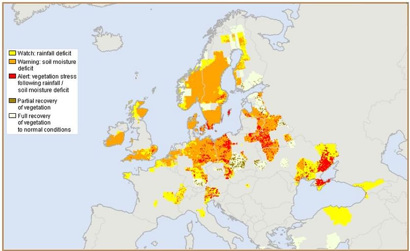 Situation of Combined Drought Indicator in Europe - 1st ten-day period of July 2018 (Courtesy: European Drought Observatory)