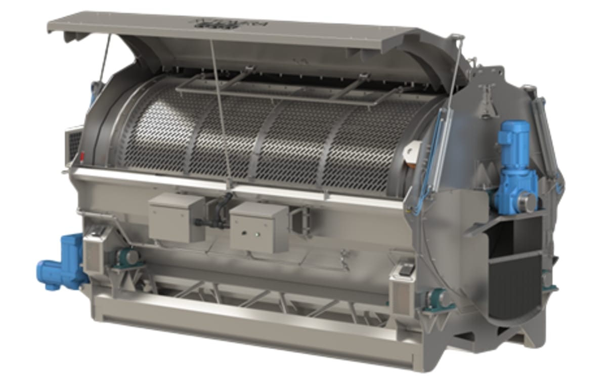 TOMRA Dry Peel Separator (DPS-16) featuring a perforated drum for efficient, water-free peel removal in high-capacity potato and vegetable processing lines. TOMRA Dry Peel Separator (DPS-16) featuring a perforated drum for efficient, water-free peel removal in high-capacity potato and vegetable processing lines.