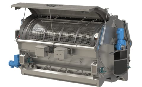 TOMRA Dry Peel Separator (DPS-16) featuring a perforated drum for efficient, water-free peel removal in high-capacity potato and vegetable processing lines. TOMRA Dry Peel Separator (DPS-16) featuring a perforated drum for efficient, water-free peel removal in high-capacity potato and vegetable processing lines.