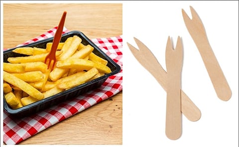 As QSR chains are scrambling to get rid of straws, in some places French fries might be served with some single use plastic as well (left). Absolutely want a fork? Wooden forks are widely available (right).McDonald's is serving french fries in paper or As QSR chains are scrambling to get rid of straws, in some places French fries might be served with some single use plastic as well (left). Absolutely want a fork? Wooden forks are widely available (right).McDonald's is serving french fries in paper or