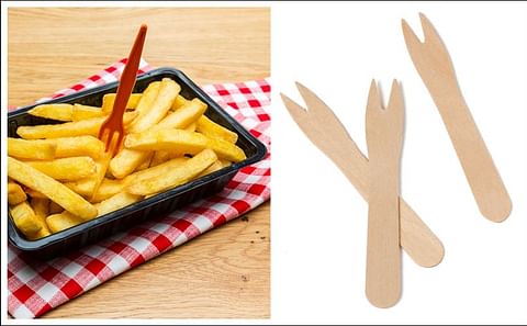 As QSR chains are scrambling to get rid of straws, in some places French fries might be served with some single use plastic as well (left). Absolutely want a fork? Wooden forks are widely available (right).
McDonald's is serving french fries in paper or