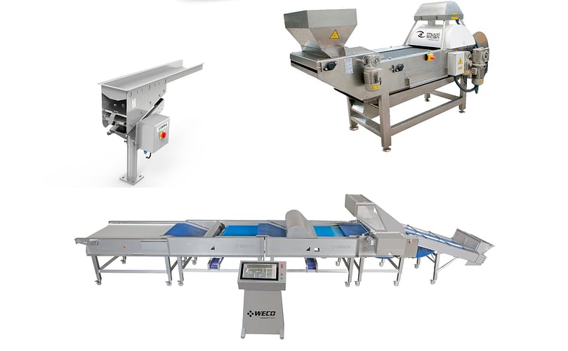 Duravant's Food Sorting and Handling Solutions equipment (from left):Multiscan’s S30 sorting system, WECO's Sortivator, PPM Technologies' Mini VF conveyor