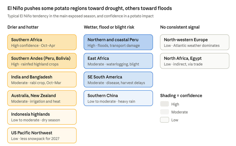 El Niño's effect on potatoes depends on the region: drought risk dominates in the southern hemisphere and South Asia, flood and blight risk in East Africa and northern Peru.