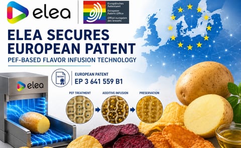 ELEA Technology GmbH has secured European Patent EP 3 641 559 B1 for its Pulsed Electric Field (PEF) flavor infusion technology, enabling deeper penetration of flavors and additives into snack products before processing. ELEA Technology GmbH has secured European Patent EP 3 641 559 B1 for its Pulsed Electric Field (PEF) flavor infusion technology, enabling deeper penetration of flavors and additives into snack products before processing.