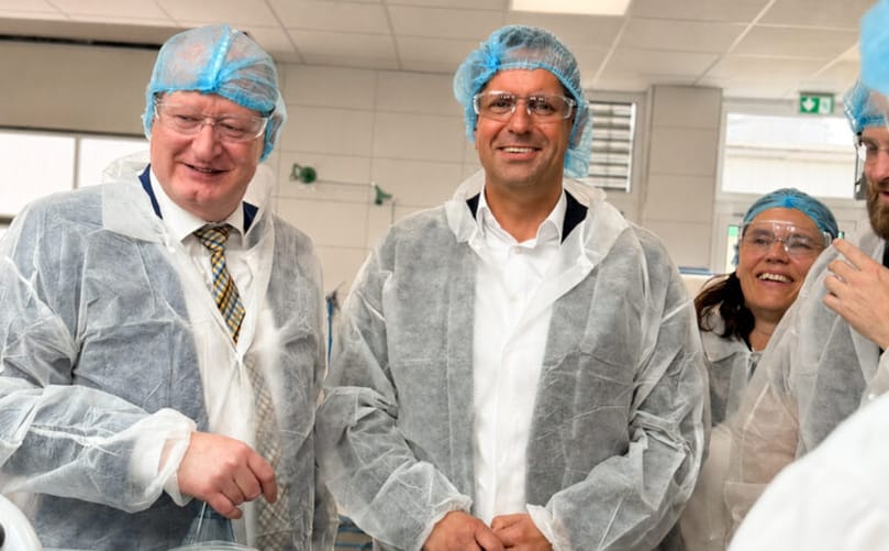 Lower Saxony Prime Minister Olaf Lies and Lower Saxony State Parliament member Reinhold Hilbers during their visit to the Emsland Group Emlichheim site