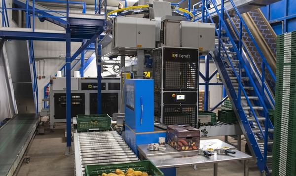 Eqraft®’s advanced potato packing line featuring the Combination Scale, Cratefiller, Boxfiller, Cartonfiller, Baxmatic, Bagfiller, and Sewing Lane, designed for efficiency and precision Eqraft®’s advanced potato packing line featuring the Combination Scale, Cratefiller, Boxfiller, Cartonfiller, Baxmatic, Bagfiller, and Sewing Lane, designed for efficiency and precision