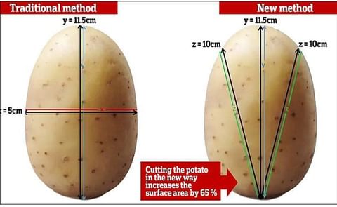 The 'edge cut' (pictured right) is tastier, crunchier and looks better than the traditional cut which has long been touted by chefs such as Heston Blumenthal, Students from the Edge Hotel School at the University of Essex found. The 'edge cut' (pictured right) is tastier, crunchier and looks better than the traditional cut which has long been touted by chefs such as Heston Blumenthal, Students from the Edge Hotel School at the University of Essex found.