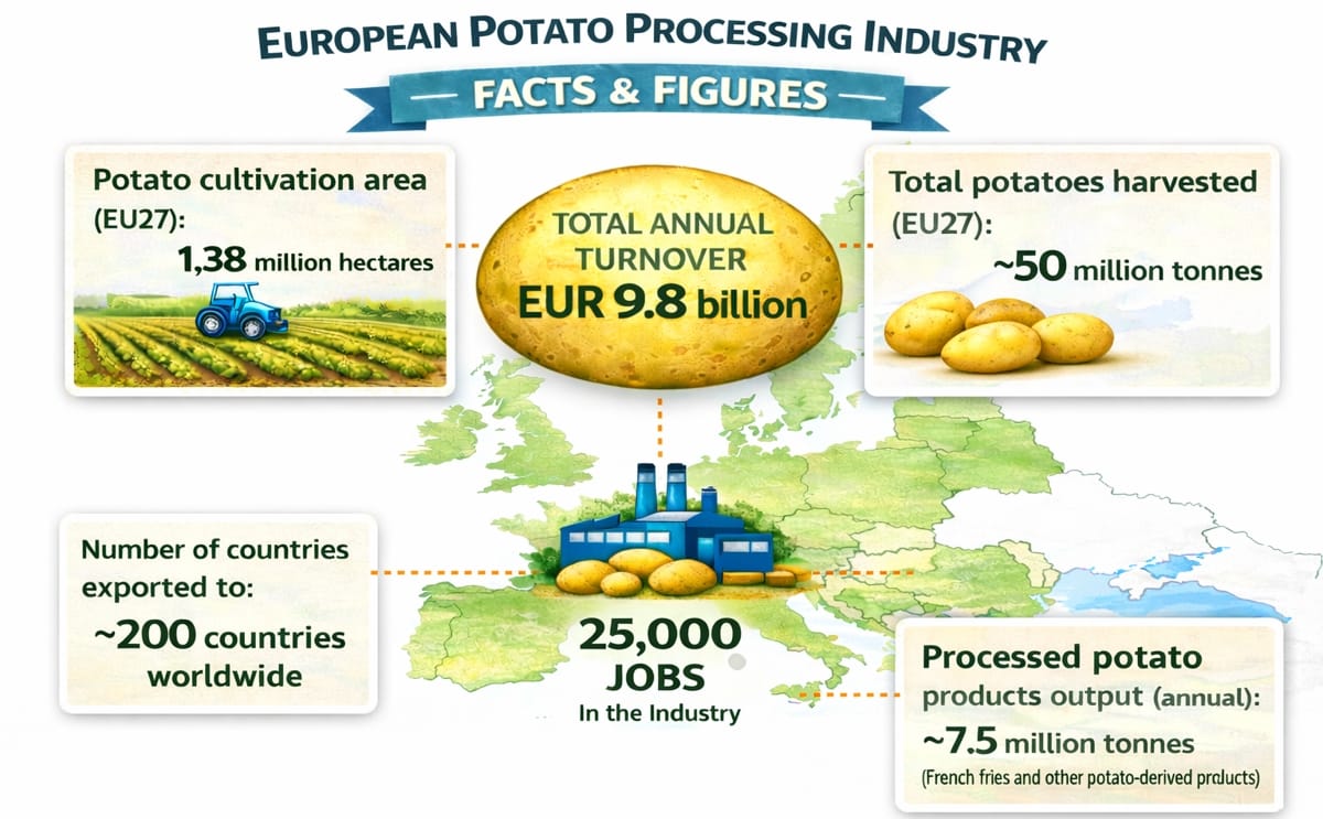 Key figures from EUPPA Facts & Figures 2025 highlighting the scale, production and global export reach of Europe’s potato processing industry. Key figures from EUPPA Facts & Figures 2025 highlighting the scale, production and global export reach of Europe’s potato processing industry.