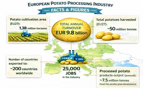 Key figures from EUPPA Facts & Figures 2025 highlighting the scale, production and global export reach of Europe’s potato processing industry. Key figures from EUPPA Facts & Figures 2025 highlighting the scale, production and global export reach of Europe’s potato processing industry.