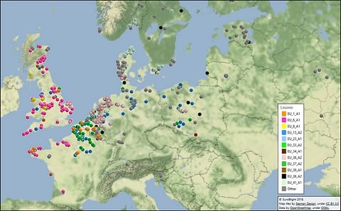 Mapping of the Phytophthora infestans genotypes found accross Europe in the EuroBlight sampling during 2017. In the article a link is provided to an interactive version of this map. (Courtesy: Euroblight)