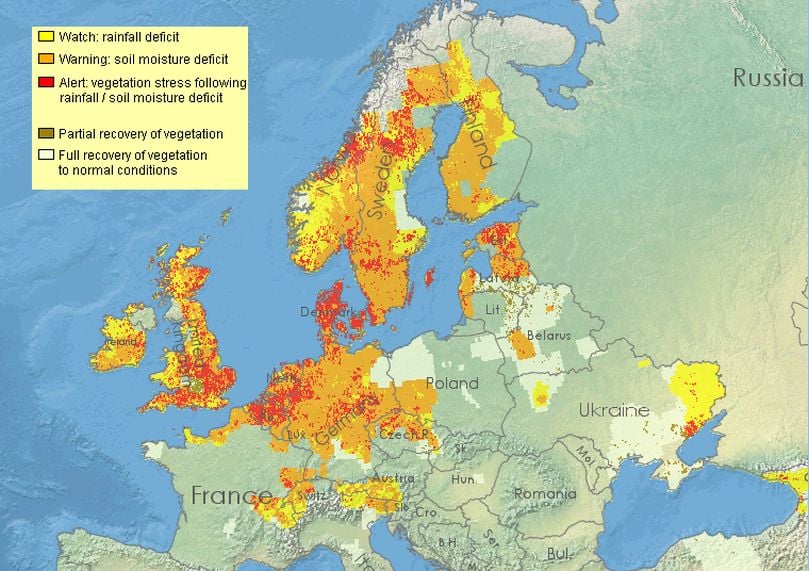 The drought affected area in Europe: Combined Drought Indicator for the 2nd 10-day period of August 2018.
(Courtesy: European Drought Observatory)