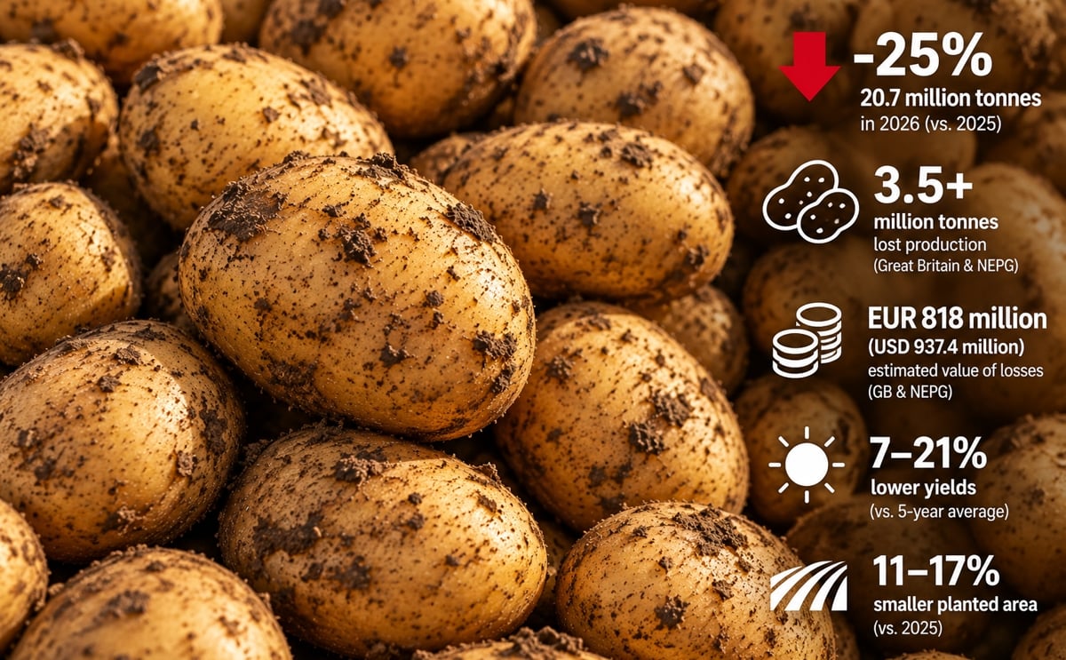 Europe faces significant potato production losses in 2026 as drought and extreme heat reduce yields across major growing regions. (AI-generated illustration by PotatoPro)