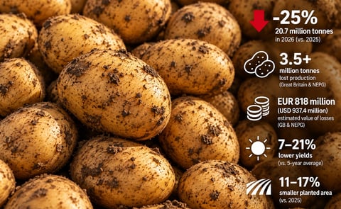 Europe faces significant potato production losses in 2026 as drought and extreme heat reduce yields across major growing regions. (AI-generated illustration by PotatoPro) Europe faces significant potato production losses in 2026 as drought and extreme heat reduce yields across major growing regions. (AI-generated illustration by PotatoPro)