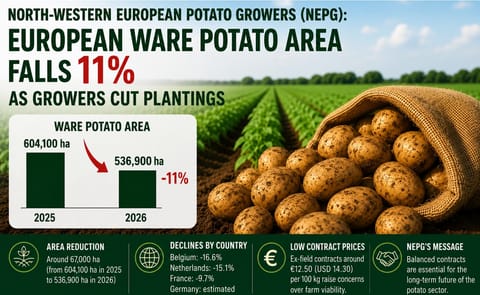 NEPG reports an 11% reduction in Europe’s ware potato planting area for 2026 as growers respond to prolonged low prices and rising production costs. The organization says restoring market balance will require fair contracts and sustainable returns for far NEPG reports an 11% reduction in Europe’s ware potato planting area for 2026 as growers respond to prolonged low prices and rising production costs. The organization says restoring market balance will require fair contracts and sustainable returns for far