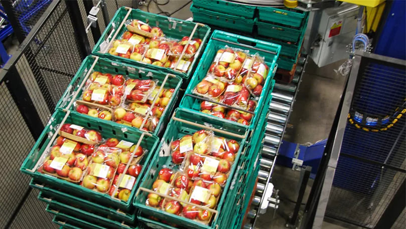 Even plastic returnable trays of more complex shapes can be palletised releably Even plastic returnable trays of more complex shapes can be palletised releably