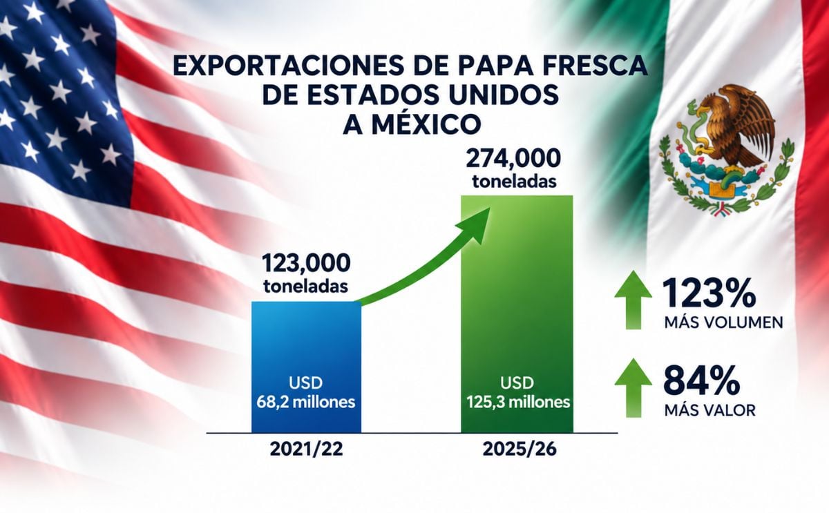 Las exportaciones de papa fresca de Estados Unidos a México aumentaron de 123.000 toneladas en 2021/22 a 274.000 toneladas en 2025/26, mientras su valor creció de USD 68,2 millones a USD 125,3