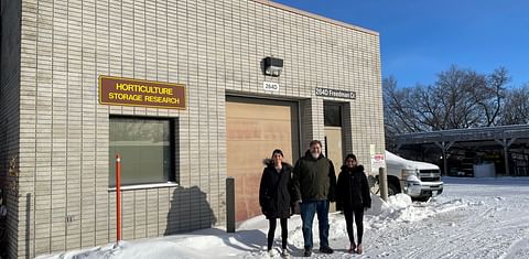 Outside the University of Manitoba potato storage facilities: (L-R) Fernanda Gouvea Pereira, senior technician, Dr. Mario Tenuta, NSERC/WGRF/Fertilizer Canada Industrial Research Chair in 4R Nutrient Stewardship And Professor of Applied Soil Ecology, Depa