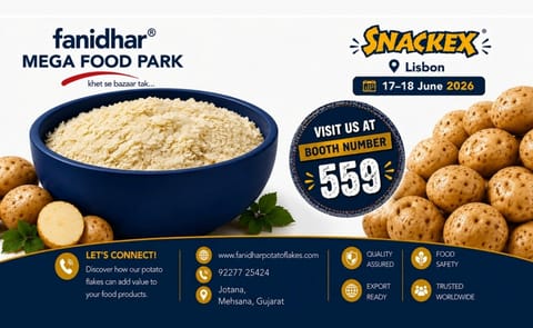 Fanidhar Mega Food Park invites global snack manufacturers and food processors to visit Booth No. 559 at SNACKEX 2026 in Lisbon, where the company will showcase its premium dehydrated potato ingredients and innovative food processing solutions. Fanidhar Mega Food Park invites global snack manufacturers and food processors to visit Booth No. 559 at SNACKEX 2026 in Lisbon, where the company will showcase its premium dehydrated potato ingredients and innovative food processing solutions.