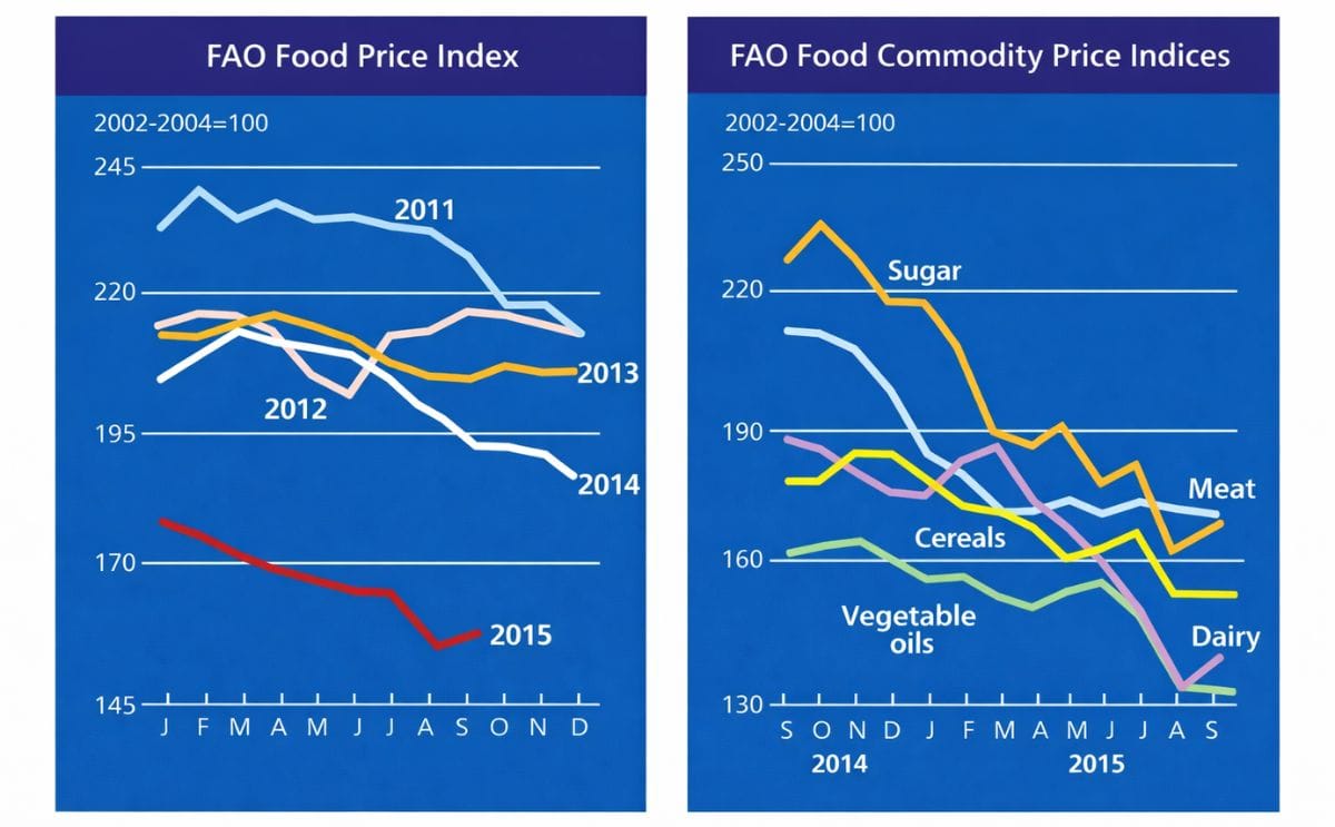 The FAO Food Price Index including September 2015 (left) and the differences by food commodity category (right)