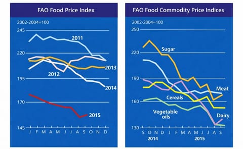 The FAO Food Price Index including September 2015 (left) and the differences by food commodity category (right) The FAO Food Price Index including September 2015 (left) and the differences by food commodity category (right)