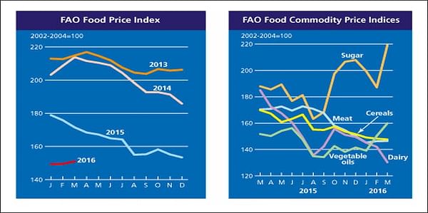 A sharp rise in sugar and palm oil prices push global food prices up, as falling dairy prices are unable to compensate