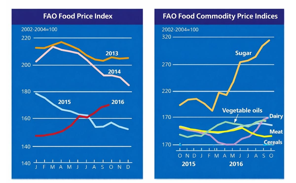 In October 2016, the FAO Food Price Index averaged 172.6 points in October 2016, up 1.2 points (0.7 percent) from September and 9.1 percent above the corresponding month last year. Except for a short-lived drop in July, the Index has risen continuously si
