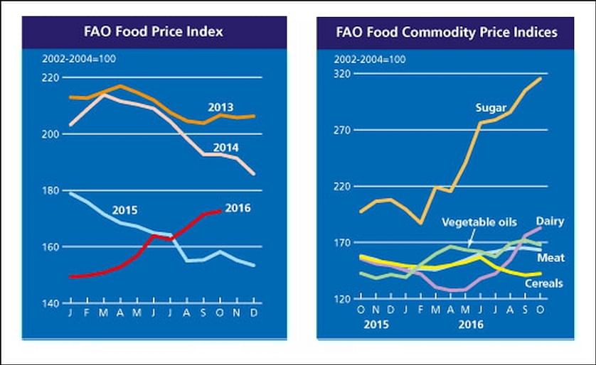 In October 2016, the FAO Food Price Index averaged 172.6 points in October 2016, up 1.2 points (0.7 percent) from September and 9.1 percent above the corresponding month last year. Except for a short-lived drop in July, the Index has risen continuously si