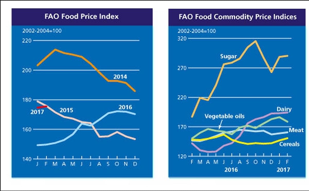 The FAO Food Price Index (FFPI) averaged 175.5 points in February 2017, up 0.9 points (0.5 percent) from a slightly revised January value. With the exception of vegetable oils, the indices of all commodities increased in February