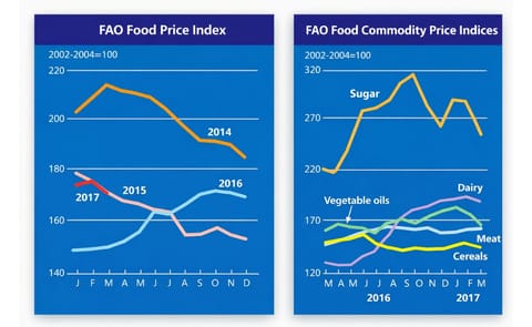 The FAO Food Price Index (FFPI) averaged nearly 171 points in March 2017, down almost 5 points (2.8 percent) from February, but still 20 points (13.4 percent) above its level a year earlier. The FAO Food Price Index (FFPI) averaged nearly 171 points in March 2017, down almost 5 points (2.8 percent) from February, but still 20 points (13.4 percent) above its level a year earlier.