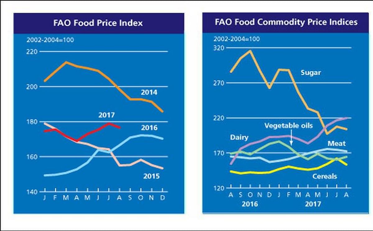 The FAO Food Price Index (FFPI) averaged 176.6 points in August 2017, down 2.3 points (1.3 percent) from July, but still 10 points (6 percent) above its value a year earlier.