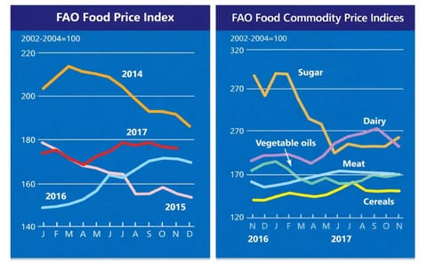 The FAO Food Price Index (FFPI) averaged 175.8 points in November 2017, down fractionally (0.5 percent) from October but still almost 4 points (2.3 percent) above the corresponding period last year. The FAO Food Price Index (FFPI) averaged 175.8 points in November 2017, down fractionally (0.5 percent) from October but still almost 4 points (2.3 percent) above the corresponding period last year.