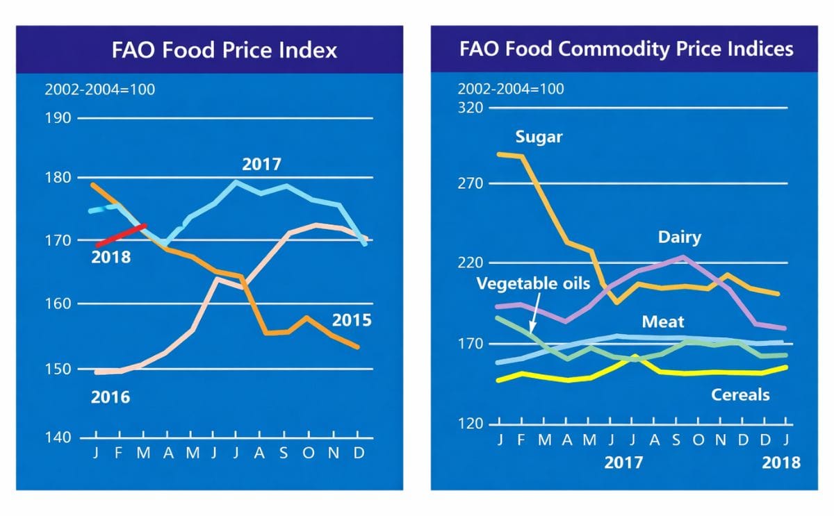 The FAO Food Price Index averaged 169.5 points in January 2018, nearly unchanged from December 2017