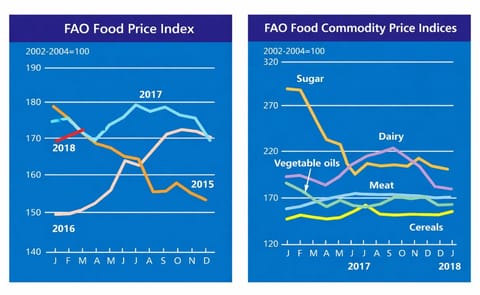 The FAO Food Price Index averaged 169.5 points in January 2018, nearly unchanged from December 2017 The FAO Food Price Index averaged 169.5 points in January 2018, nearly unchanged from December 2017