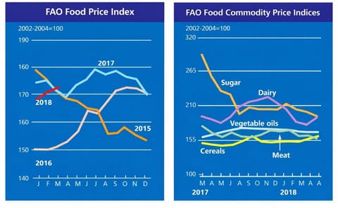 The FAO Food Price Index averaged 172.8 points in March 2018, up 1.1 percent (1.8 points) from February, marking the second month of consecutive increase. The FAO Food Price Index averaged 172.8 points in March 2018, up 1.1 percent (1.8 points) from February, marking the second month of consecutive increase.